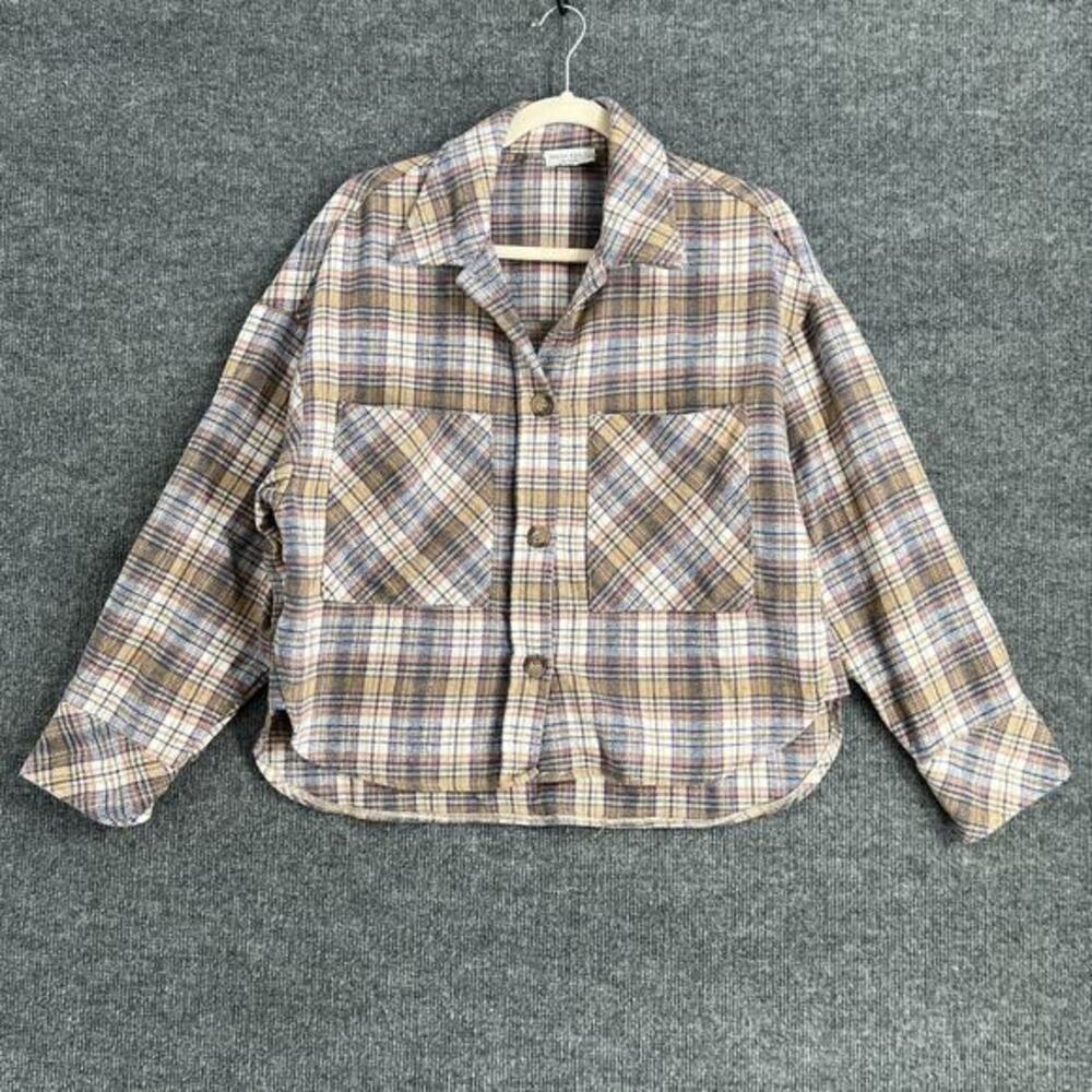Dress Forum Womens Plaid Shacket Shirt Jacket Size Small Blue Pink Boxy Cropped
